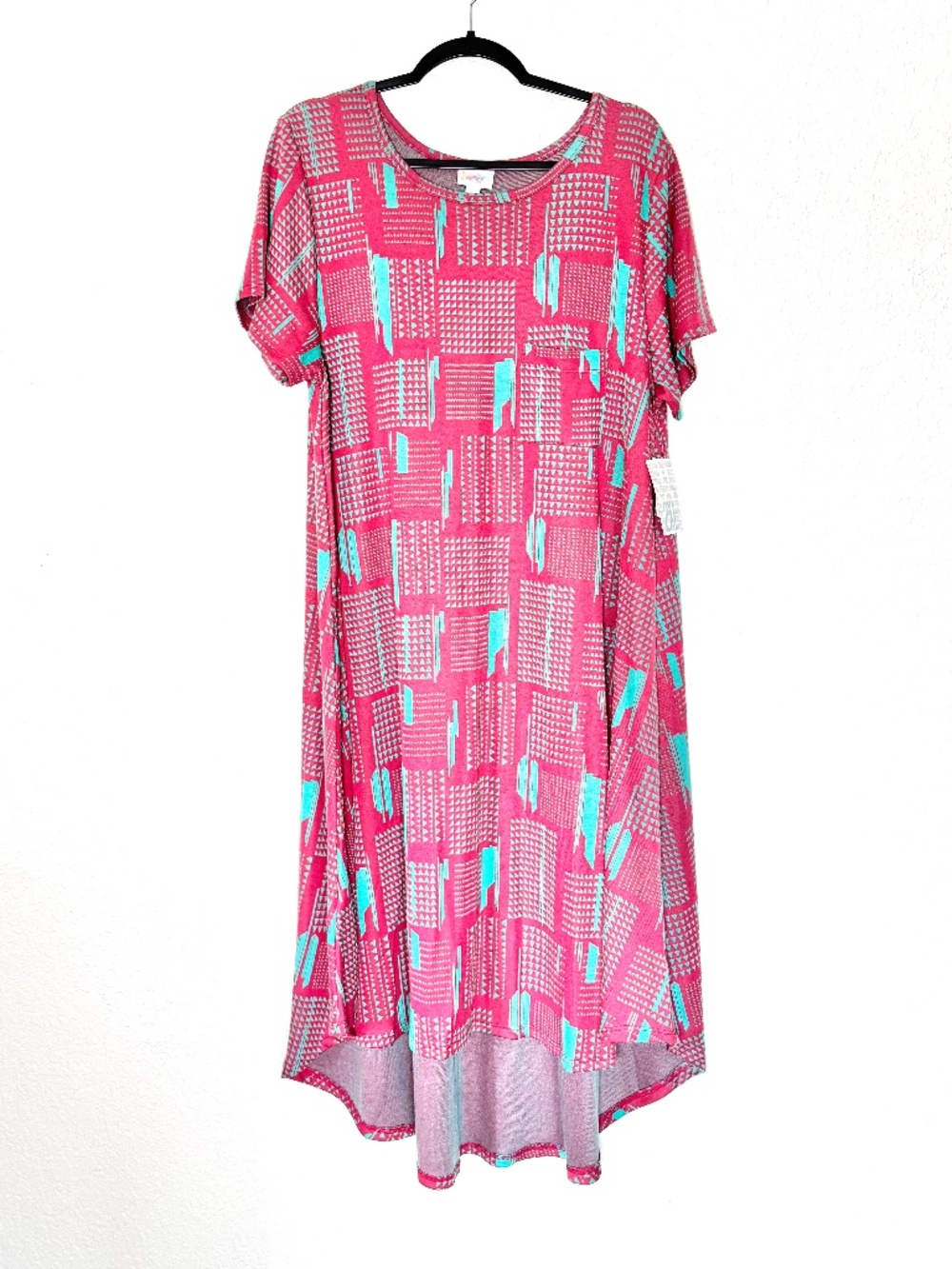 LuLaRoe Carly Hi-Lo Swing Dress XXL Pink Mint Geometric Oversized Cozy Comfy New